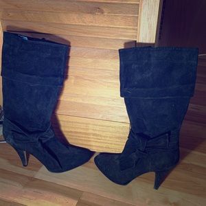 Black suede slouchy boots with ankle tie
